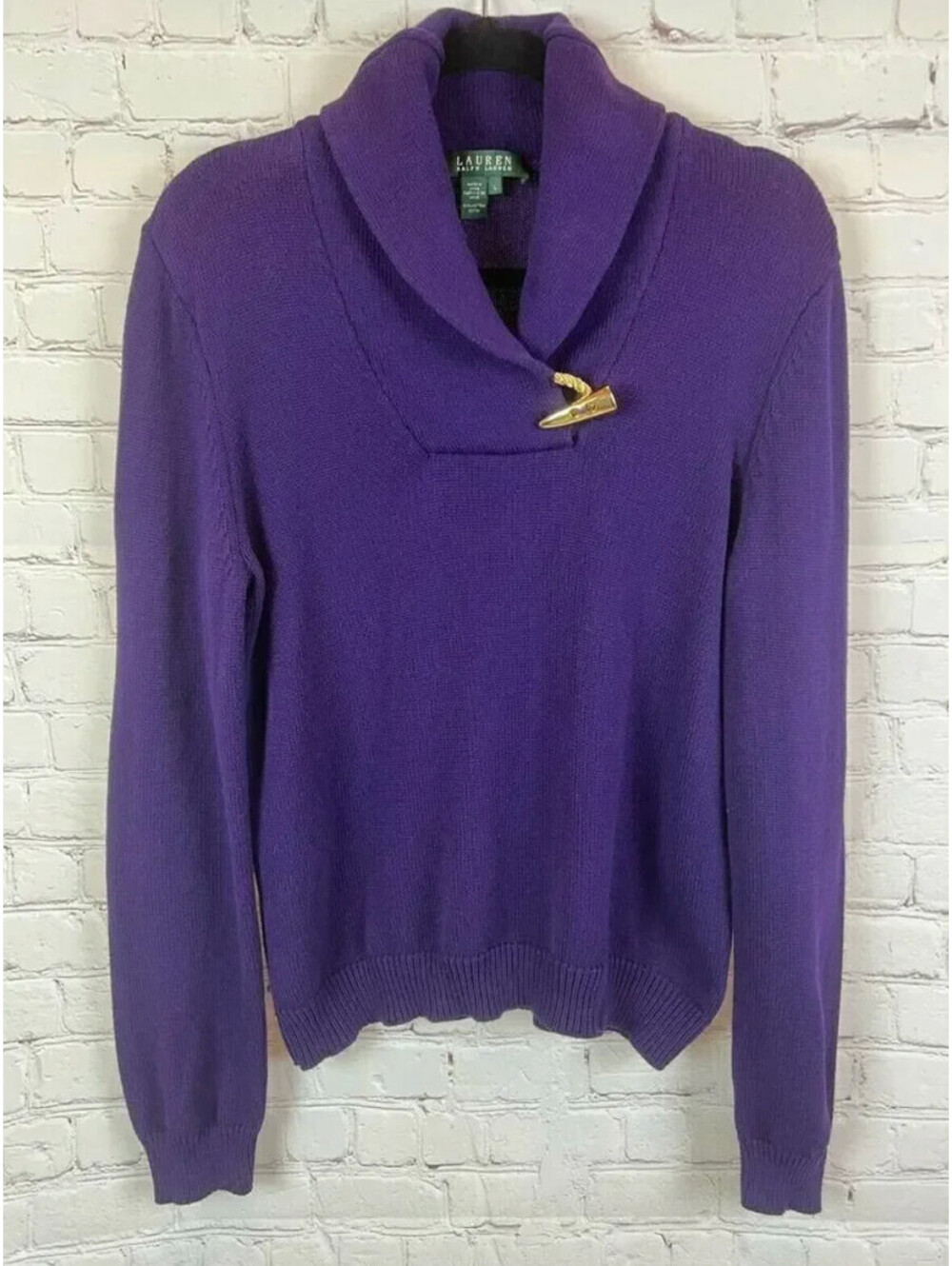 LAUREN RALPH LAUREN purple violet knit shawl neck gold tooth button sweater L